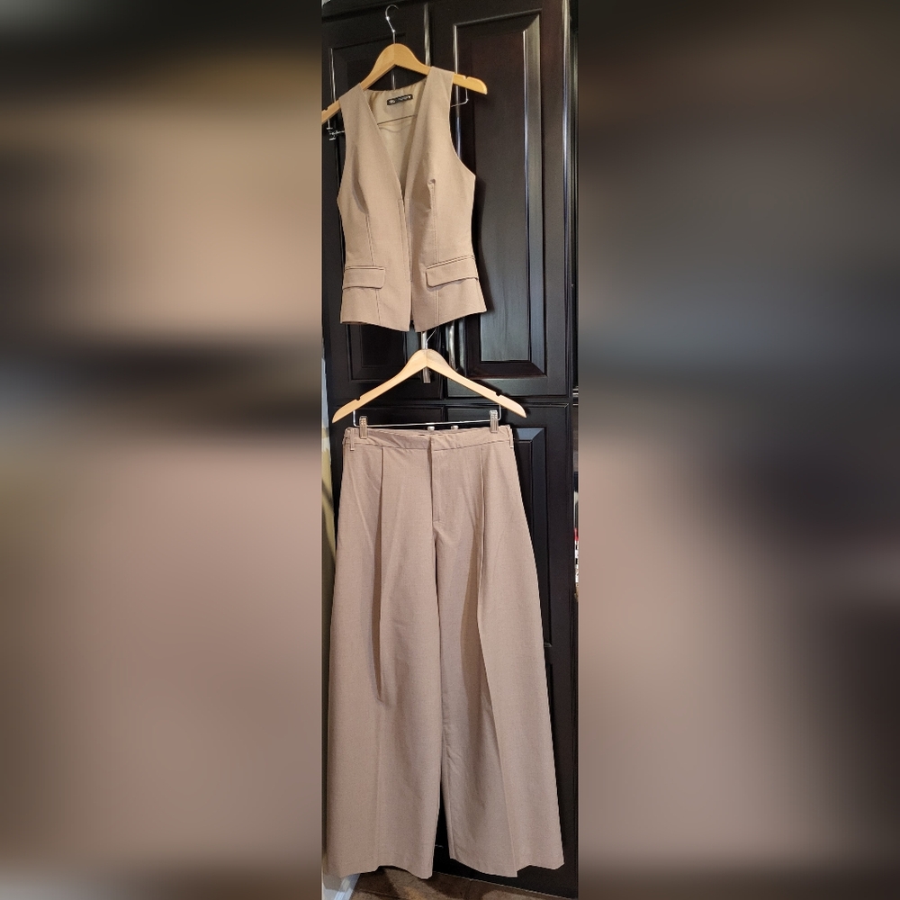 Zara Beige Wide Leg Pants and Vest Set